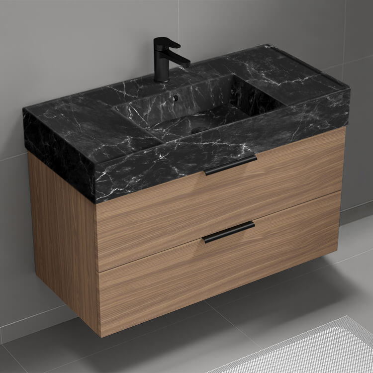 Nameeks DERIN918 40 Inch Black Marble Style Sink Walnut Wall Mounted Bathroom Vanity, Counter Space, 2 Drawers